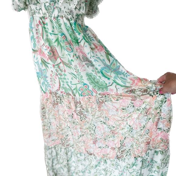 House of Harlow floral mixed print lace edged flutter maxi dress size M medium - Picture 4 of 10